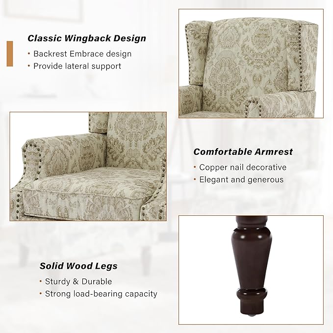 Wingback Accent Chair, High Back Upholstered Armchair, Printed Fabric Wingback Arms Chairs with Wood Legs, Single Sofa Reading Chair for Bedroom Living Room, White