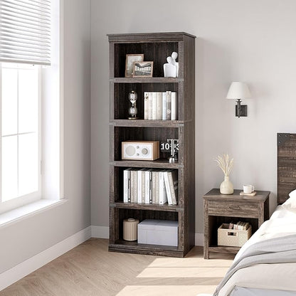IDEALHOUSE 5 Tier Bookcase, Farmhouse Book Shelf with Storage, Tall Book Case Wooden 5 Shelf Bookcase for Home Office, Living Room, Bed Room(Oak, 67.4" H x 24.6" W x 12.8" D)