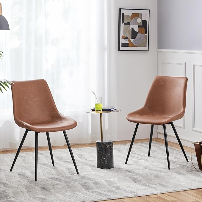 Yaheetech Dining Room Chairs Set of 2 Mid Century Modern Kitchen Chairs with Upholstered Faux Leather and Metal Legs for Dining Room, Living Room, Brown