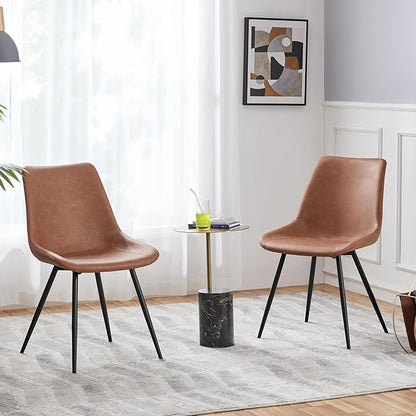 Yaheetech Dining Room Chairs Set of 2 Mid Century Modern Kitchen Chairs with Upholstered Faux Leather and Metal Legs for Dining Room, Living Room, Brown