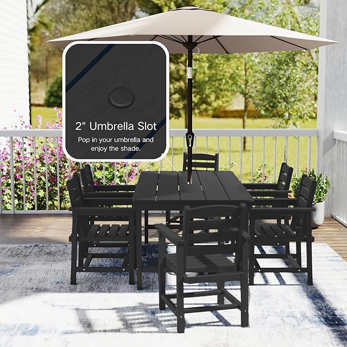 7 Piece Patio Dining Set with 11ft Patio Umbrella (Navy), 7 Black Outdoor HDPE Dining Set with 6 Chairs + 1 Large Table with 2" Umbrella Hole, for Market, Pool, Garden, Backyard, Deck