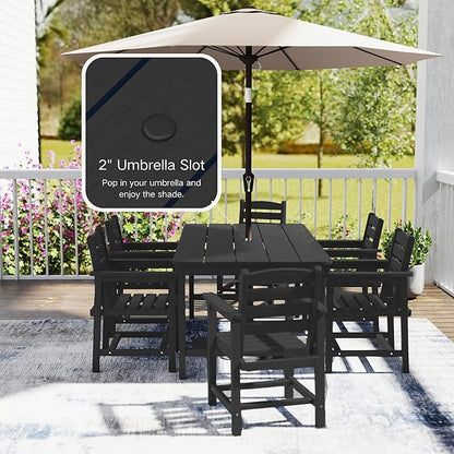 7 Piece Patio Dining Set with 11ft Patio Umbrella (Royal Blue), 7 Black Outdoor HDPE Dining Set with 6 Chairs + 1 Large Table, for Market, Pool, Garden, Backyard, Deck