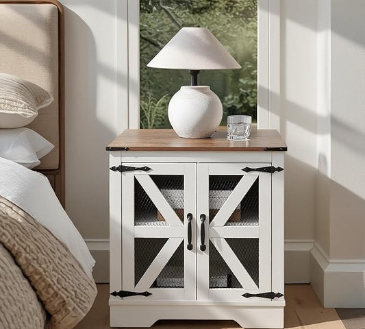 White Farmhouse End Table Set of 2, 24" Wood Sofa Side Table with Charging Station, Nightstand with Mesh Barn Door for Living Room, Square