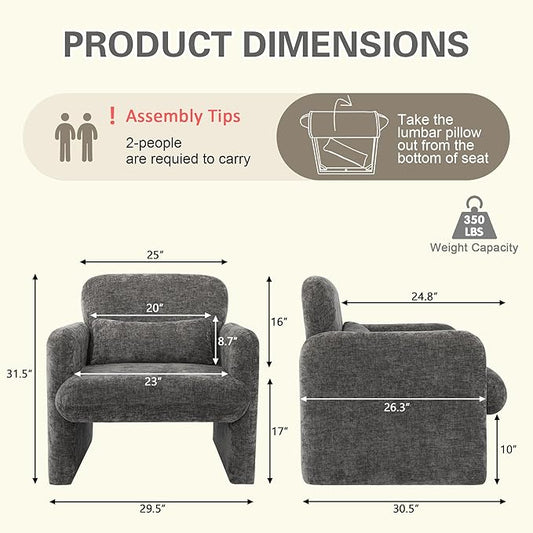 LSSPAID Modern Accent Chairs, Chenille Fabric Armchairs for Living Room, Comfy Upholstered Leisure Single Sofa Chair with Lumbar Pillow for Bedroom, Balcony, Office (Charcoal, Set of 1)