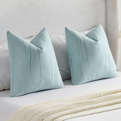 FUTEI Light Blue Chenille Decorative Throw Pillow Covers 16x16 Inch Set of 2,Soft Embossed Striped Textured Cushion Case,Modern Home Decor for Couch Bed Living Room