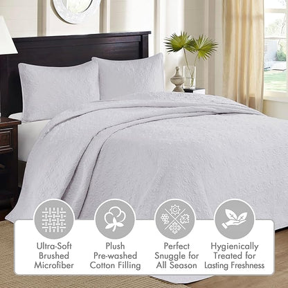 Madison Park Quebec Queen Size Quilt Bedding Set - White , Damask – 3 Piece Bedding Quilt Coverlets – Ultra Soft Microfiber Bed Quilts Quilted Coverlet