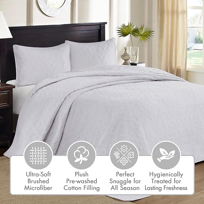 Madison Park Quebec Reversible Quilt Set Damask Design, Double Sided Stitching All Season, Lightweight Bedspread Bedding Set, Matching Sham, White, Full(96"x110") 3 Piece