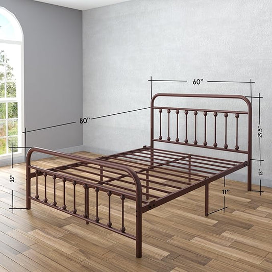 Golden Gate Beds Vintage Style Metal Bed Frame with Wrought Iron Headboard and Footboard, Classic Platform Bedframe with Storage, No Box Spring Needed, Mattress Foundation, Brown, Queen Size