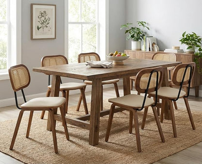 Mid-Century Dining Chairs Set of 6, PU Leather Kitchen Chairs with Rattan Backrest Wooden Legs Armless Design for Dining Room Living Room, Beige