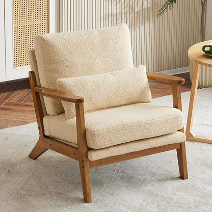 Karl home Accent Chair Wide Armrest Mid-Century Lounge Chair Teddy Fleece Armchair with Lumbar Pillow & Solid Wood Frame for Living Room, Bedroom, Balcony, Khaki