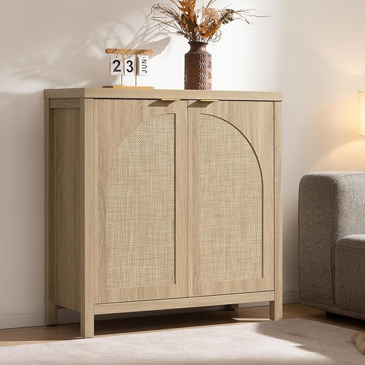 SICOTAS Rattan Sideboard Buffet Cabinet with Storage, Mid Century Modern Credenza Storage Cabinet with Arch Doors & Shelves Boho Coffee Bar Media Console Cabinets for Kitchen, Living Room, Entryway