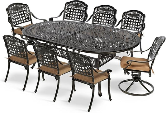 MEETWARM 9-Piece Outdoor Patio Dining Set for 8, All-Weather Cast Aluminum Patio Table and Chairs Set with 1 Oval Table, 6 Stackable Patio Chairs, 2 Swivel Rocker Chairs, 8 Cushions, 2" Umbrella Hole