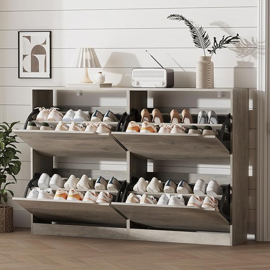 Shoe Storage Cabinet for Entryway with 4 Flip Drawers, Sturdy Wood Hidden Shoe Storage, Freestanding Narrow Slim Shoe Organizer for Front Door Entrance, Living Room, Hallway, Bedroom, Grey