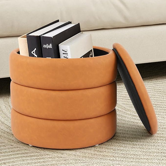 DAGONHIL Round Ottoman with Storage, PU Leather Footrest, Hidden Storage Ottoman Stool,Vanity Stool for Bedroom, Living Room, Entryway, Brown