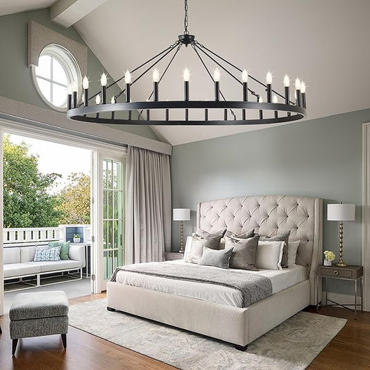 Large black wagon wheel chandelier 64 inch,30-Light Farmhouse wagon Wheel Chandeliers Round Industrial ceiling light fixtures for outdoor porch high ceilings Living Dining Room Foyer Entryway