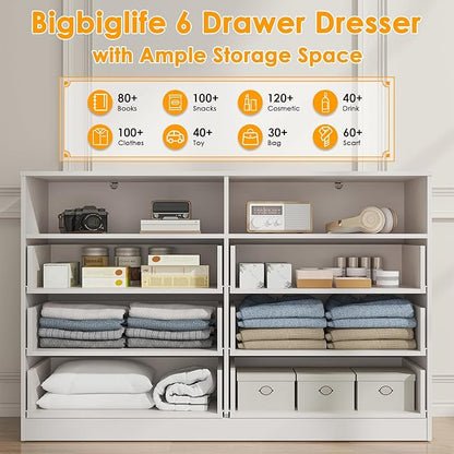 Bigbiglife 6 Drawers Dresser for Bedroom with Open Storage Cubby, Double Wide Dresser Organizer for Bedroom, Living Room, Entryway, Hallway (White)
