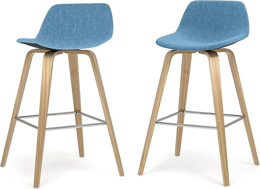 SIMPLIHOME Randolph Counter Stools (Set of 2) - 28 Inch Seat Height Upholstered Bentwood Kitchen Seats in Medium Blue Polyester Linen, Mid Century Modern Seating with Curved Backrest and Footrest