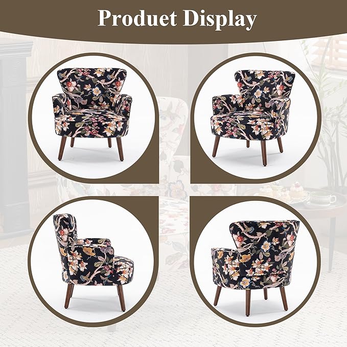 Floral Accent Chair Set of 2, Upholstered Living Room Chairs with Solid Wood Legs, Mid Century Modern Velvet High Back Armchair for Bedroom, Living Room, Black