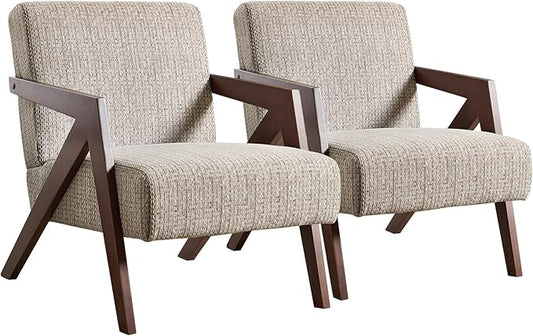 Bonzy Home Mid-Century Modern Accent Chair Set of 2 with Solid Wood Frame, Upholstered Armchair for Bedroom & Living Room, Reading Side Chair with Soft Lien Fabric Cushion,Easy Assembly,Light Grey