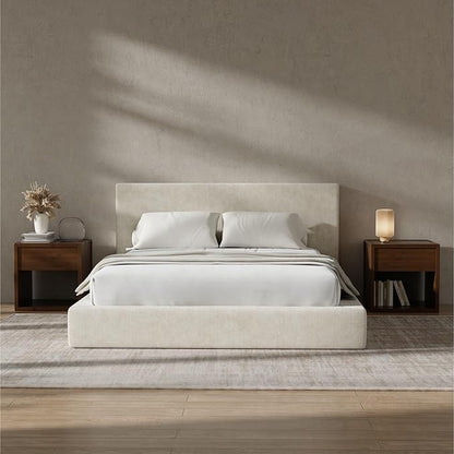 RECCI Cloud Upholstered Queen Bed Frame with Headboard, 5 Inch Foam Padded Platform, No Box Spring, Easy Assembly(Cream)