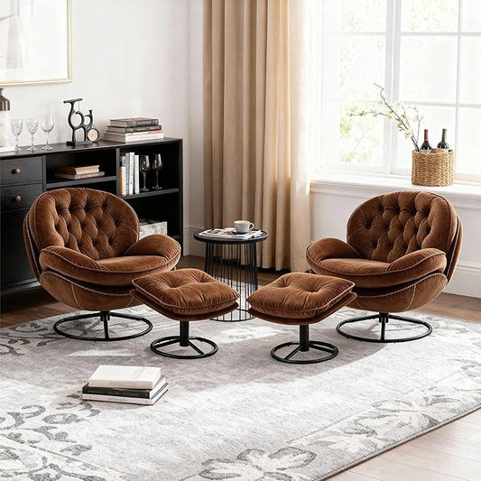 Set of 2 360° Swivel Modern Velvet Accent Chair with Ottoman | Mid-Century Button Tufted Lounge Chair for Living Room & Bedroom, Brown