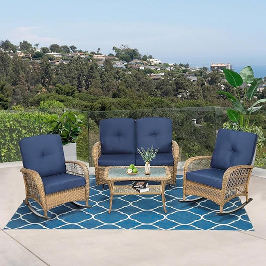 VIVIJASON 4-Piece Outdoor Patio Wicker Conversation Sets, All Weather Outdoor Rattan Furniture Set Includes Glider Loveseat, Coffee Table, 2 Rocking Chairs with Cushions for Backyard, Navy Blue