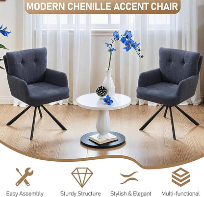 Fabric Dining Chair Set of 2 Modern Upholstered Swivel Dining Room Chairs Comfy Accent Armchair with Mid Back, Desk Arm Chair No Wheels for Kitchen/Living Room/Dining Room, Navy