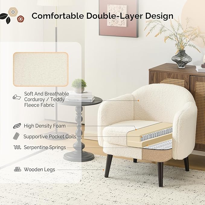 VINGLI 30.3" Wide Modern Barrel Accent Armchairs Set of 2 with Track Armrest, Solid Wooden Legs, Comfy Upholstered Club Chairs, Single Home Sofa for Living Room, Bedroom, Reading,Teddy Fleece White