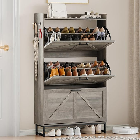 Shoe Cabinet Storage for Entryway, Shoe Storage Cabinet with 3 Flip Drawers, Freestanding Narrow Shoe Rack Organizer with Metal Legs & Side Hook for Foyer, Hallway, Grey