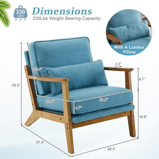 VINGLI Solid Wood Wide Armrests Accent Chair,Upholstered Mid Century Modern Chair with Pillow,Comfy Reading Chair Farmhouse Arm Chair,Chairs Living Room,Bedroom,Guest Room,Linen Fabric,Navy Blue