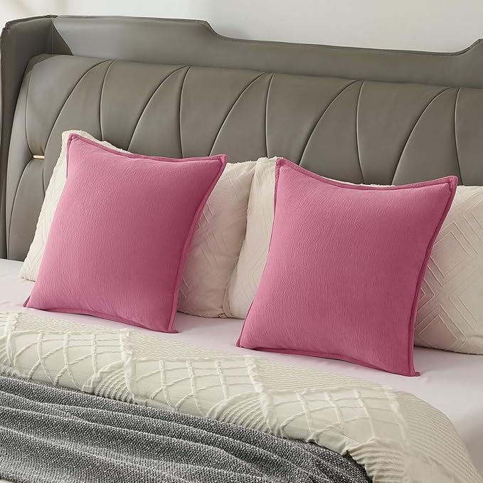 FUTEI Hot Pink Chenille Throw Pillow Covers 24x24 Inch Set of 2,Edges Double-Stitched European Cushion Cases,Modern Home Decor for Couch Living Room