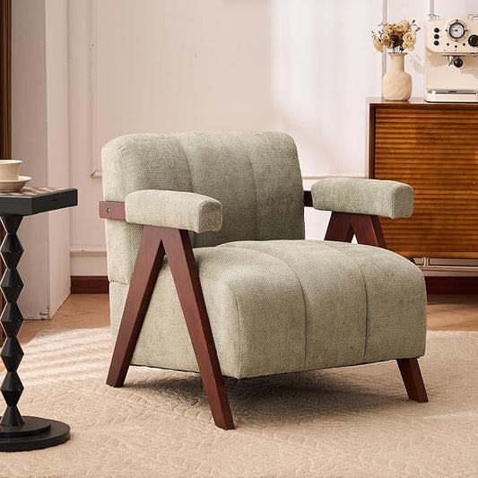 Accent Chair Mid-Century Modern with Wide Backrest for Bedroom, Upholstered Living Room Chair with Wooden, Lounge Armchair with Thick Cushion, Cute Chenille Comfy Chair, Sage