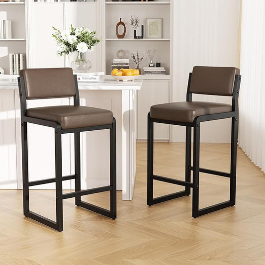 Bar Stools Set of 2, Faux Leather Counter Height Bar Stools with High Back and Metal Legs, Upholstered Bar Chairs, 26" Modern Barstools for Kitchen Island, Dark Brown