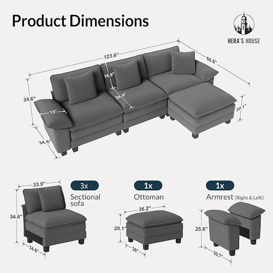HERA'S HOUSE 124" Modular Sectional Sofa, Oversized L Shaped Couches for Living Room, Comfy Cloud Couch with Ottoman, 4-Seater Deep Seat Sofa with Throw Pillow, Corduroy Grey