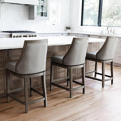 Maven Lane Vienna Counter Stool 26 Inches High – Swivel Stool with Footrest – Grey Solid Wood and Grey Fabric Upholstery – Perfect for Kitchen Islands and Counters