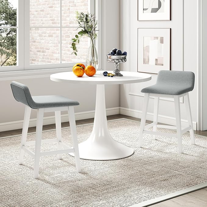 COSTWAY Wooden Counter Stools Set of 2, 24-inch Height Upholstered Padded Seat, Low Backrest, Footrest, Rubber Wood Legs, Armless Barstools for Kitchen Island, Dining Room, White+Gray