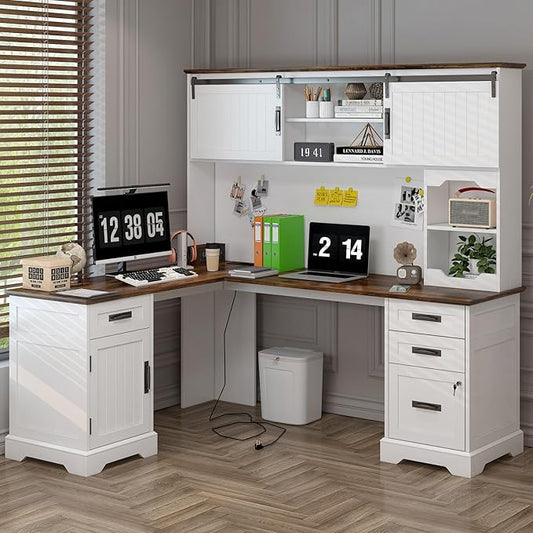 Executive Desk, Farmhouse Home Office Desk with Drawers and Storage Cabinet, Wood Computer Desk for Work and Study, Antique White (Style Two)