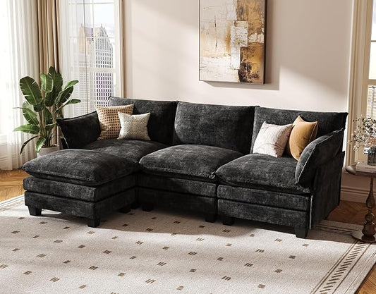 KKL Modular Sectional Sofa, L-Shaped 4 Seater Cloud Couch with Ottoman, Chenille Modern Sectional Couches for Living Room, Apartment, Black