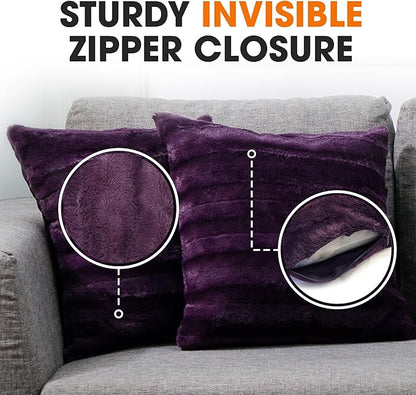 Cheer Collection Faux Fur Throw Pillows - Decorative Pillows for Couch, Bed Throw Pillows, Purple Accent Pillows for Bedroom or Living Room Aesthetic, Set of 2 Furry Throw Pillows, 22" x 22"