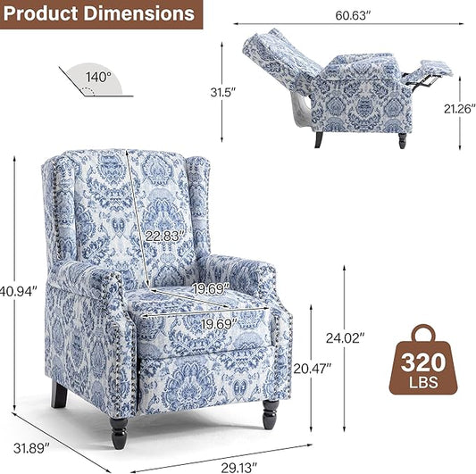 Pushback Recliner Chair Set of 2, Floral Fabric Wingback Recliner Chair, Upholstered Armchair Push Back Recliner, Rivet Trim Single Sofa Accent Chair with Wood Legs for Living Room, Navy