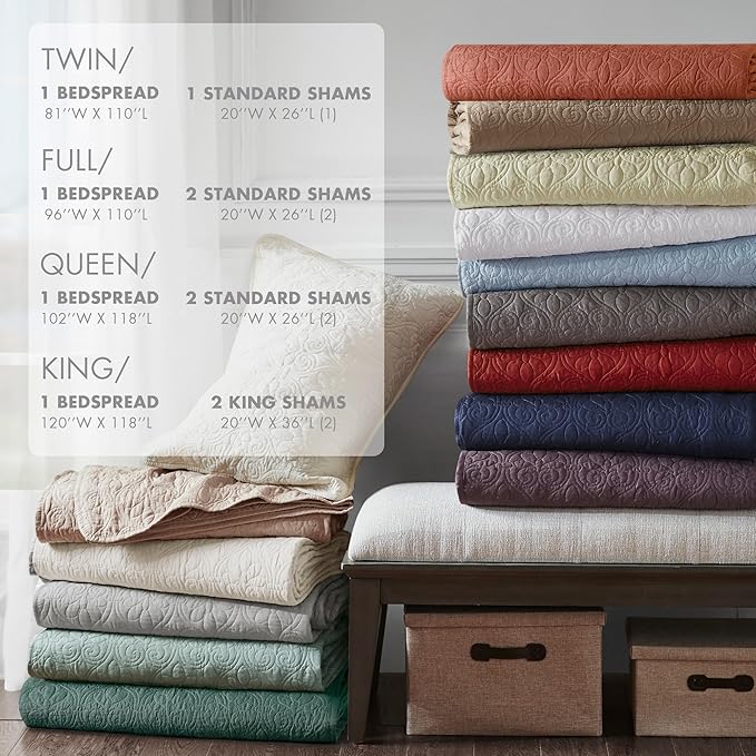 Madison Park Quebec Reversible Quilt Set Damask Design, Double Sided Stitching All Season, Lightweight Bedspread Bedding Set, Matching Sham, White, Full(96"x110") 3 Piece