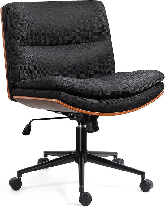 Office Chair, Criss Cross Legged Office Desk Chairs with Wheels, PU Leather Adjustable Wide Swivel Walnut Task Chair with Linen Fabric, Ergonomic Mid Back Computer Chair for Meeting Room, Home