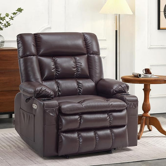 MCombo Dual Motor Power Lift Recliner Chair for Elderly, Lay Flat Lift Chair with Heat and Massage, Extra Wide Lift Recliner for Big People, Cup Holders, Faux Leather R7897 (Dark Brown, Medium-Wide)