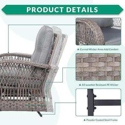 VIVIJASON 5-Piece Outdoor Patio Wicker Conversation Sets, All Weather Outdoor Rattan Furniture Set Includes Glider Loveseat, 2 Coffee Table, 2 Glider Rocker Chairs with Cushions, Grey