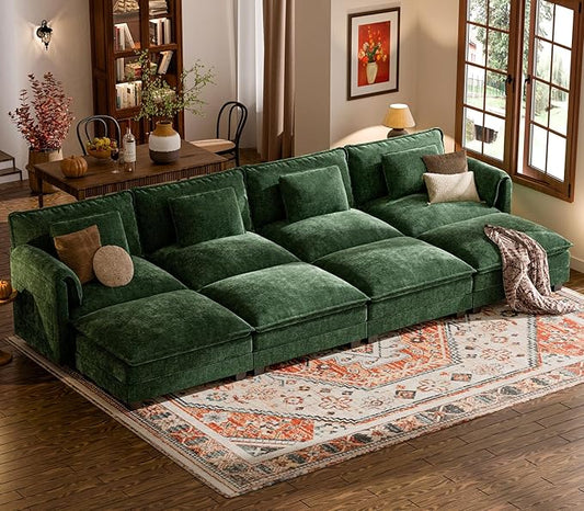 ELUCHANG Oversized 153" Modular Sectional Sofa, Comfy Deep Seat Cloud Couch Sleeper Sofa Bed, 8 Seat Modern Couch with Removable Cover for Living Room, Apartment, DIY Combination, Chenille Olive Green