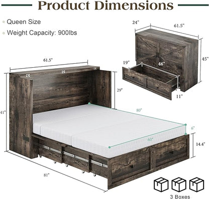 Queen Murphy Bed with 6" White Tri-Fold Memory Foam Mattress, Storage Drawer & Charging Station, Space-Saving Design for Home Office or Guest Room, Black Oak