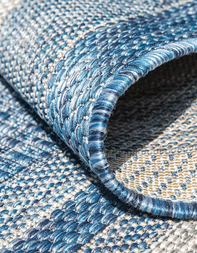 Unique Loom Outdoor Border Collection Area Rug - Soft Border (13' Round, Blue/ Ivory)