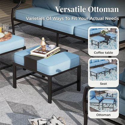 Patio Furniture Set 7 pcs, Outdoor Patio Furniture, 3-Seat Sofa, 2 Single Chairs, 2 Rocking Chairs, 2 Ottomans and 5.75" Extra Thick Cushion, Patio Conversation Set for Backyard Deck,Blue