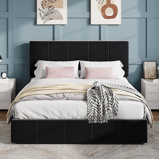 SHA CERLIN Full Size Bed Frame, Velvet Upholstered Platform Bed, Vertical Channel Tufted Adjustable Headboard, Low Profile Bed Frame, No Box Spring Needed, Easy Assembly, Black