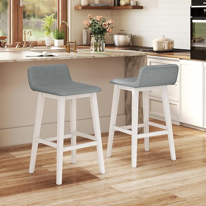 COSTWAY Wooden Bar Stools Set of 2, 29-inch Height Upholstered Padded Seat, Low Backrest, Footrest, Rubber Wood Legs, Armless Bar Chairs for Kitchen Counter Island, Dining Room, White+Gray